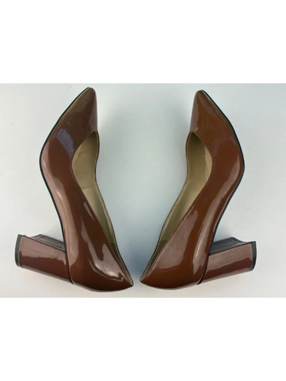 Marc Fisher Caitlin Brown Patent Leather Pointed Toe Block Heel Pumps Size 8 M